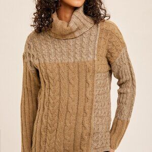 HEM & THREAD Chunky Cable Knit Turtleneck Sweater, Two-Tone Neutral Brown Beige